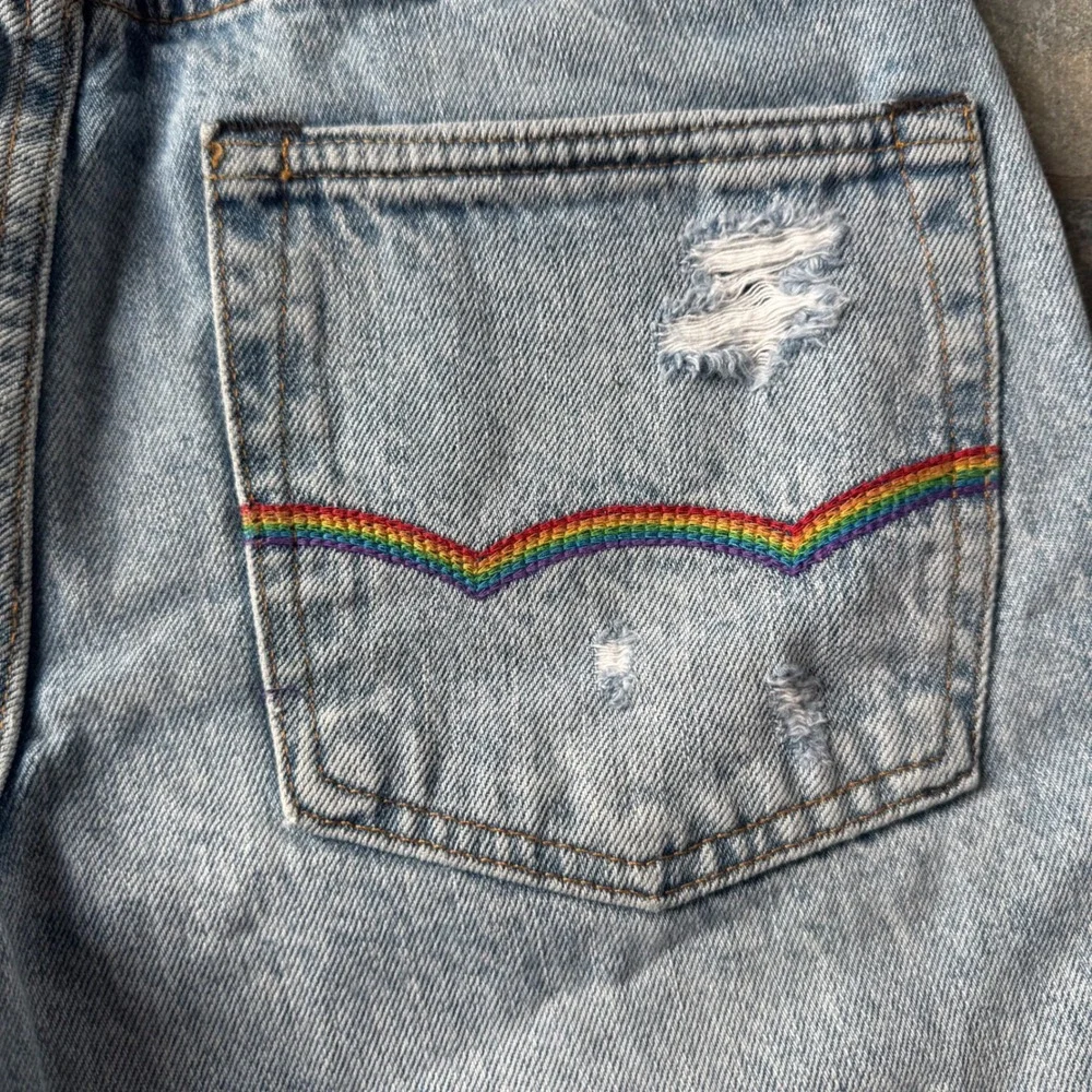 Vintage AE Pride Rainbow Bermuda Denim Shorts‎ 26 High Rise Distressed Rare